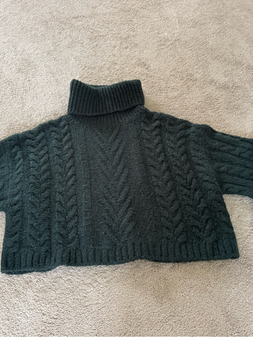 Elan Dark Green Cable Knit Cropped Turtleneck Sweater